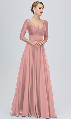 A-line V-neck Floor-length Chiffon Mother of the Bride Dress with Lace