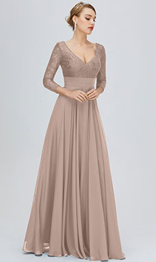 A-line V-neck Floor-length Chiffon Mother of the Bride Dress with Lace