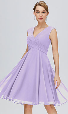 A-line Col en V Longueur genou Mousseline polyester Robe de bal