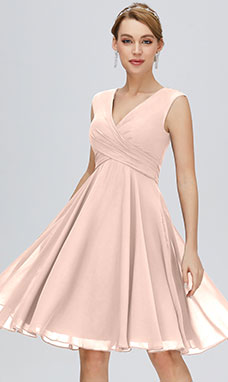 A-line Col en V Longueur genou Mousseline polyester Robe de bal