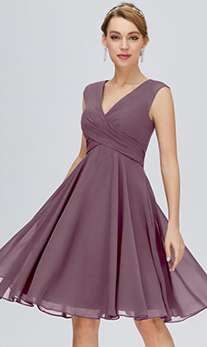 A-line Col en V Longueur genou Mousseline polyester Robe de bal