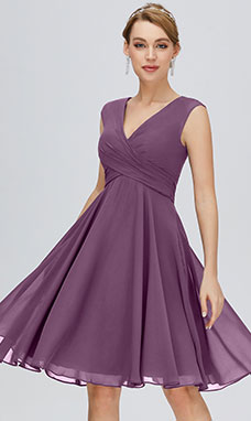 A-line Col en V Longueur genou Mousseline polyester Robe de bal