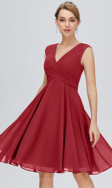 A-line Col en V Longueur genou Mousseline polyester Robe de bal