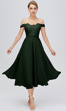 A-line Off-the-shoulder Tea-length Chiffon Cocktail Dress with Lace