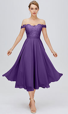 A-line Off-the-shoulder Tea-length Chiffon Cocktail Dress with Lace