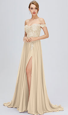 A-line Off-the-shoulder Sleeveless Chiffon Prom Dress with Lace