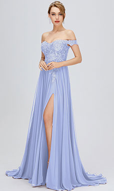 A-line Off-the-shoulder Sleeveless Chiffon Evening Dress with Lace