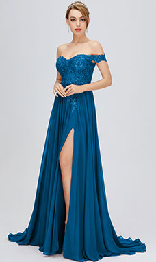 A-line Off-the-shoulder Sleeveless Chiffon Prom Dress with Lace