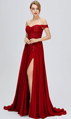 A-line Off-the-shoulder Sleeveless Chiffon Evening Dress with Lace