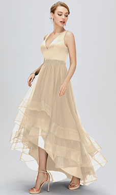 A-line V-neck Asymmetrical Tulle Prom Dress