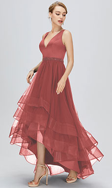 A-line V-neck Asymmetrical Tulle Evening Dress