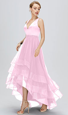 A-line V-neck Asymmetrical Tulle Bridesmaid Dress