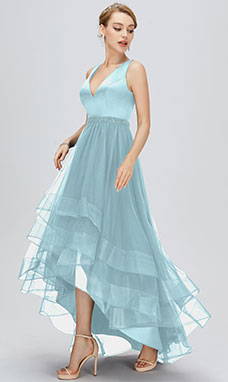 A-line V-neck Asymmetrical Tulle Bridesmaid Dress