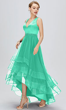A-line V-neck Asymmetrical Tulle Prom Dress