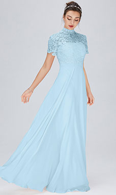 A-line High Neck Floor-length Chiffon Evening Dress with Lace