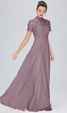 A-line High Neck Floor-length Chiffon Bridesmaid Dress with Lace