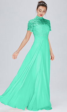 A-line High Neck Floor-length Chiffon Evening Dress with Lace