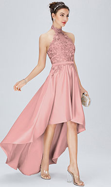 A-line Halter Asymmetrical Chiffon Bridesmaid Dress with Lace