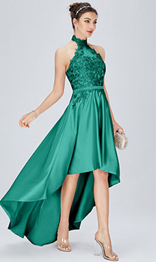 A-line Halter Asymmetrical Chiffon Bridesmaid Dress with Lace