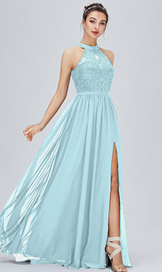 A-line Scoop Floor-length Chiffon Evening Dress with Split Front