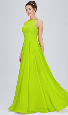 A-line Scoop Floor-length Chiffon Bridesmaid Dress with Lace