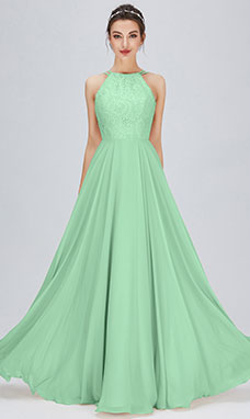 A-line Scoop Floor-length Chiffon Evening Dress with Lace