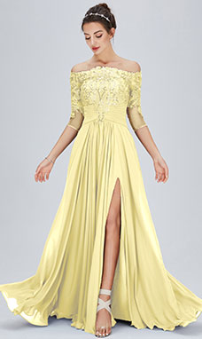 A-line Off-the-shoulder Floor-length Chiffon Evening Dress with Split Front