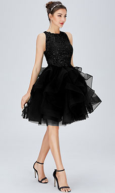 Ball Gown Scoop Short/Mini Tulle Cocktail Dress with Lace