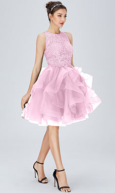 Ball Gown Scoop Short/Mini Tulle Cocktail Dress with Lace