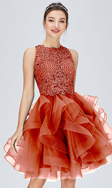 Ball Gown Scoop Short/Mini Tulle Prom Dress with Lace