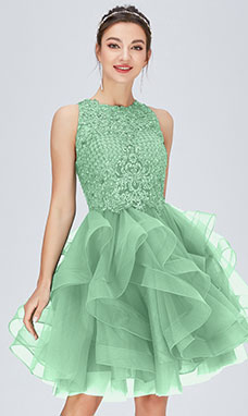 Ball Gown Scoop Short/Mini Tulle Prom Dress with Lace
