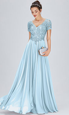 A-line V-neck Floor-length Chiffon Evening Dress with Lace