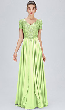 A-line V-neck Floor-length Chiffon Cocktail Dress with Lace