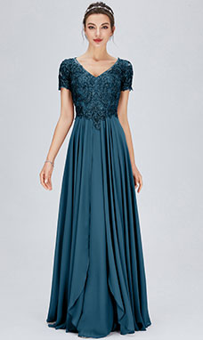 A-line V-neck Floor-length Chiffon Cocktail Dress with Lace