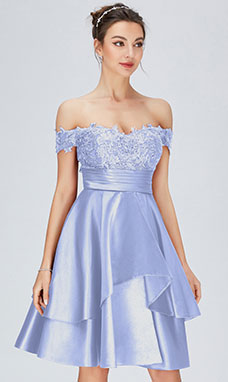 A-line Off-the-shoulder Knee-length Satin Cocktail Dress with Lace