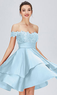 A-line Off-the-shoulder Knee-length Satin Prom Dress with Lace