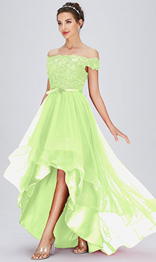 A-line Off-the-shoulder Asymmetrical Tulle Cocktail Dress with Lace