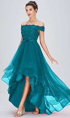 A-line Off-the-shoulder Asymmetrical Tulle Prom Dress with Lace