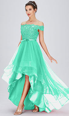 A-line Off-the-shoulder Asymmetrical Tulle Prom Dress with Lace