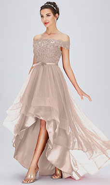 A-line Off-the-shoulder Asymmetrical Tulle Cocktail Dress with Lace