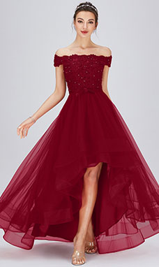 A-line Off-the-shoulder Asymmetrical Tulle Bridesmaid Dress with Lace