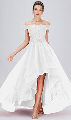 A-Linie Carmen-Ausschnitt Asymmetrisch Tülle Brautjungfernkleid mit Spitzen