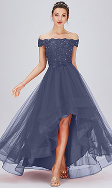 A-line Off-the-shoulder Asymmetrical Tulle Bridesmaid Dress with Lace