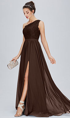 A-line One Shoulder Floor-length Chiffon Evening Dress with Split Front