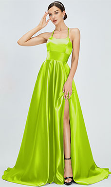 A-line Scoop Sweep/Brush Train Satin Prom Dress with Split Front