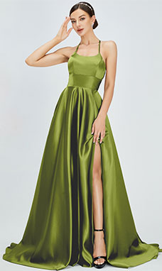 A-line Scoop Sweep/Brush Train Satin Prom Dress with Split Front