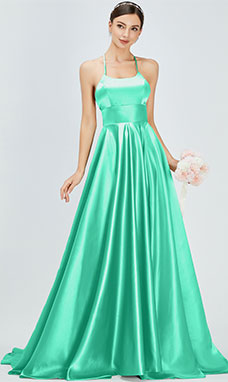 A-line Scoop Sweep/Brush Train Satin Evening Dress with Split Front