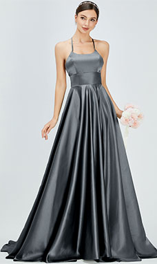 A-line Scoop Sweep/Brush Train Satin Evening Dress with Split Front