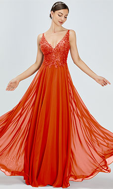 A-line V-neck Floor-length Chiffon Prom Dress with Split Front