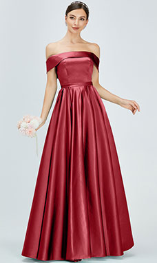 Duchesse-Linie Carmen-Ausschnitt Bodenlang Satin Brautjungfernkleid mit Schlitz Vorn